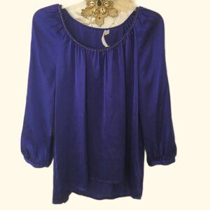 Cluny Anthropologie Women's Dark Blue Silk Long Sleeve Blouse-Size 4
